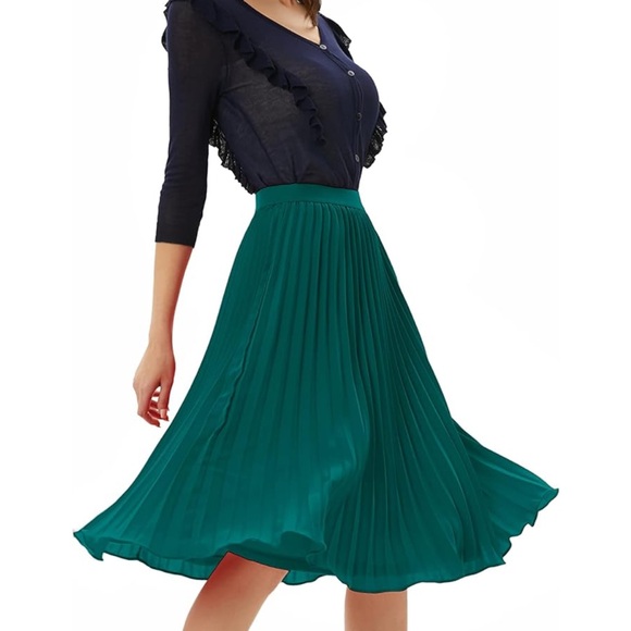 Peacock Blue Pleated High Elastic Waist Pleated Chiffon A-Line Skirt - Picture 1 of 7